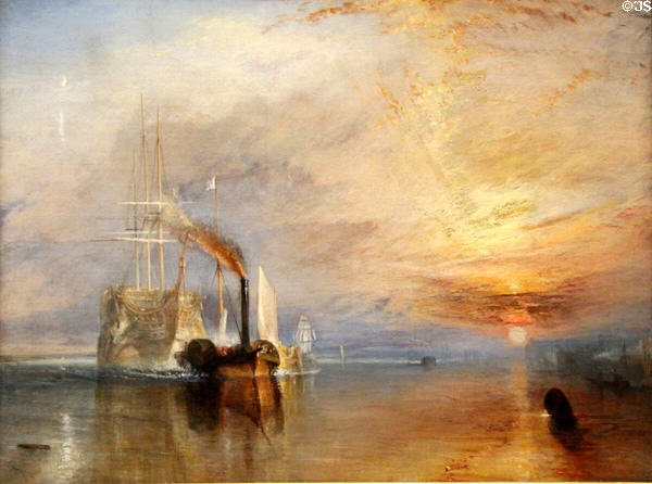The Fighting Temeraire tugged to her Lat Berth to be broken up in 1828 painting (1838) by Joseph Mallord William Turner at National Gallery. London, United Kingdom.