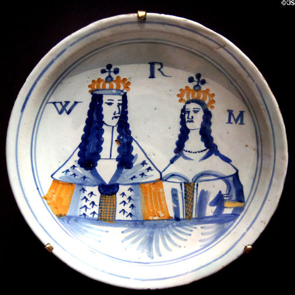 King William III & Queen Mary II painted earthenware plate (c1689-95) at National Portrait Gallery. London, United Kingdom.