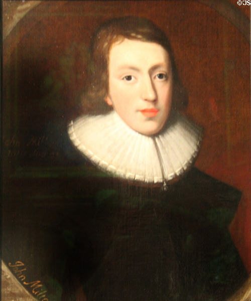 Poet John Milton known for Paradise Lost portrait (1629) at National Portrait Gallery. London, United Kingdom.