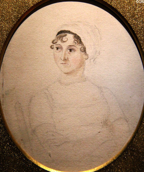 Novelist Jane Austen sketch portrait (c1810) by her sister Cassandra Austen at National Portrait Gallery. London, United Kingdom.