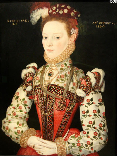 Unknown lady perhaps Helena Snakenborg, later Marchiness of Northampton portrait (1569) by unknown British artist at Tate Britain. London, United Kingdom.
