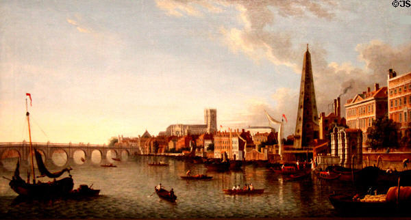 View of Thames with York Buildings Water Tower pyramid painting (c1760-70) by Samuel Scott at Tate Britain. London, United Kingdom.