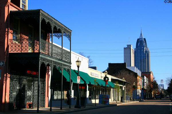 Dauphin streetscape from 522 Dauphin Street to Battle House Tower. Mobile, AL.