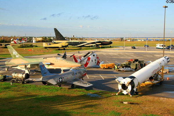Overview of aircraft collection at USS Alabama Battleship Memorial Park with B-52, F-105B-IRE Thunderchief, F-86L Sabre, USCG Sikorsky HH-52A Sea Guardian & US ARMY rocket. Mobile, AL.