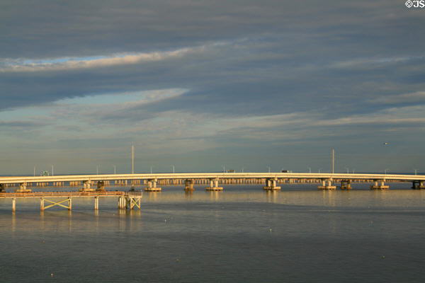 Cochrane Bridge across Mobile Bay is series of bridges running 10 miles now called Spanish Fort Blvd. or Battleship Parkway. Mobile, AL.