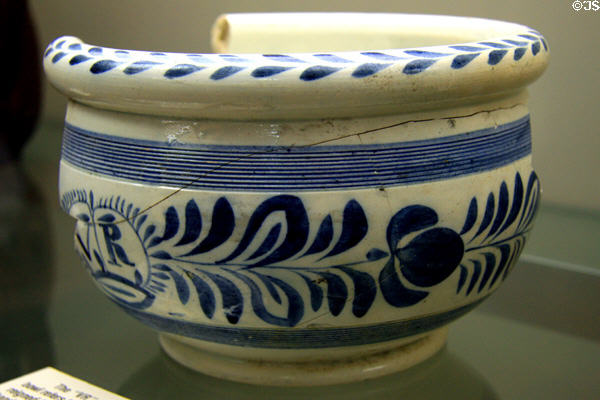 Blue pearlware bowl with Queen Victoria's initials at Fort Condé Museum. Mobile, AL.