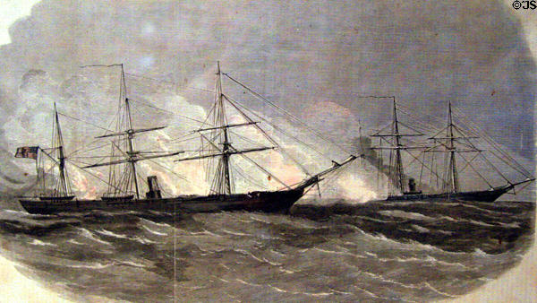 Etching of battle CSS Alabama & USS Kearsarge off Cherbourg, France on June 19, 1864 at Mobile Museum. Mobile, AL.