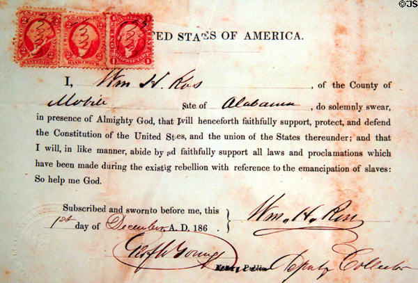 Oath of loyalty to United States signed by southern citizen in 1865 at Mobile Museum. Mobile, AL.