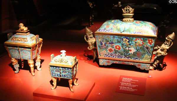 Qing Dynasty cloisonné enamel incense burners & ice chest with lid (18thC) from China at Mobile Museum of Art. Mobile, AL.