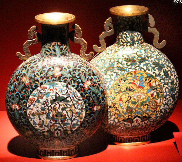 Qing Dynasty cloisonné enamel pilgrim flasks (18thC) from China at Mobile Museum of Art. Mobile, AL.