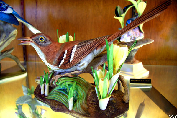 Brown thrasher with crocus sculpture in Boehm Porcelain collection at Bellingrath House. Theodore, AL.
