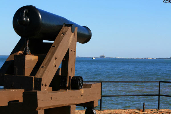 Canon view from Fort Gaines of opposite shore of mouth to Mobile Bay where Civil War Naval Battle took place. AL.