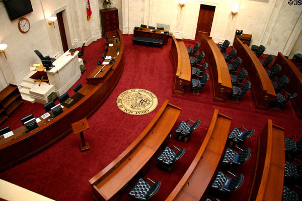 Senate chamber from gallery in Arkansas State Capitol. Little Rock, AR.