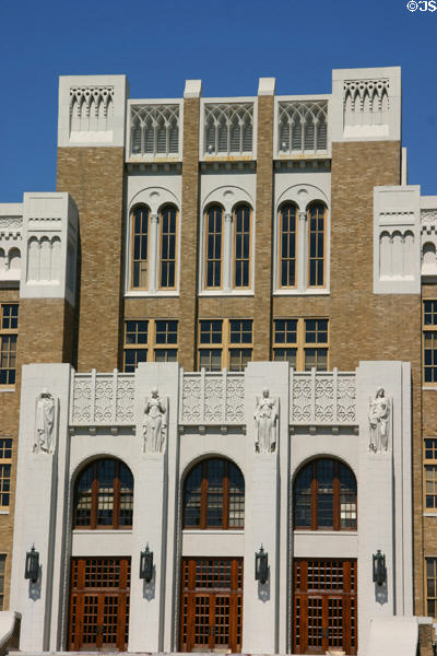 Ambition, Personality, Opportunity, & Preparation statues on facade of Central High School. Little Rock, AR.
