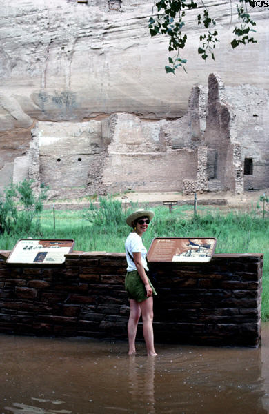 Canyon de Chelley National Monument where interpretation signs stand in river which visitors must wade. AZ.