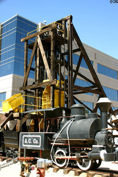 Arizona Mining & Mineral Museum model of hoist for bringing ore cars to surface & steam locomotive. Phoenix, AZ.