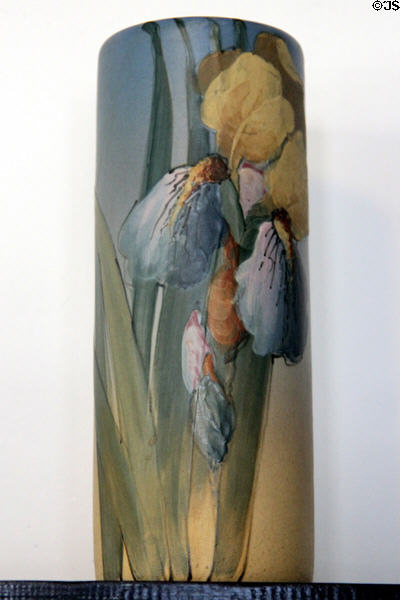 stoneware vase with iris decoration by Sarah Reid McLaughlin of S.A. Weller Pottery in Corbett House at Tucson Museum of Art. Tucson, AZ.