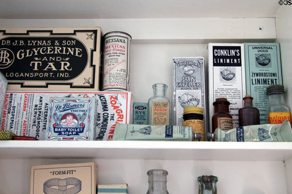 Bathroom cabinet with antique soap & liniment boxes in Corbett House at Tucson Museum of Art. Tucson, AZ.