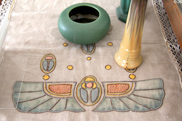 Arts & Crafts table runner with Egyptian revival scarab embroidery (1890-1910) in Corbett House at Tucson Museum of Art. Tucson, AZ.