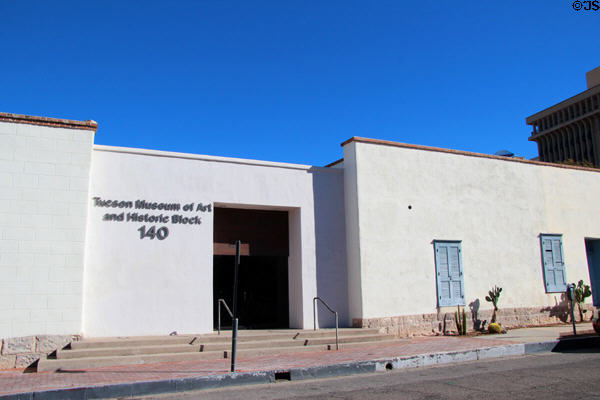 Modern entrance & Edward Nye Fish stuccoed adobe house (c1868) now a gallery at Tucson Museum of Art. Tucson, AZ.