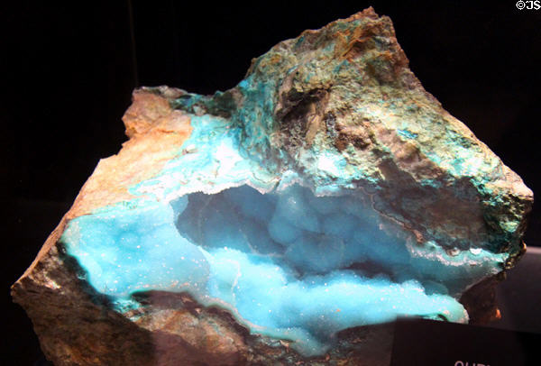 Chrysocolla (copper aluminum silicate Hydroxide) mineral nugget from AZ mine at Arizona History Museum. Tucson, AZ.