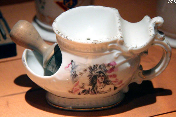 Barber shop shaving mug with brush & soap sections at Arizona Historical Society Museum Downtown. Tucson, AZ.