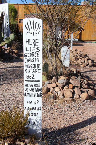 Marker for George Johnson, Hanged by Mistake (1882) at Boothill Cemetery. Tombstone, AZ.