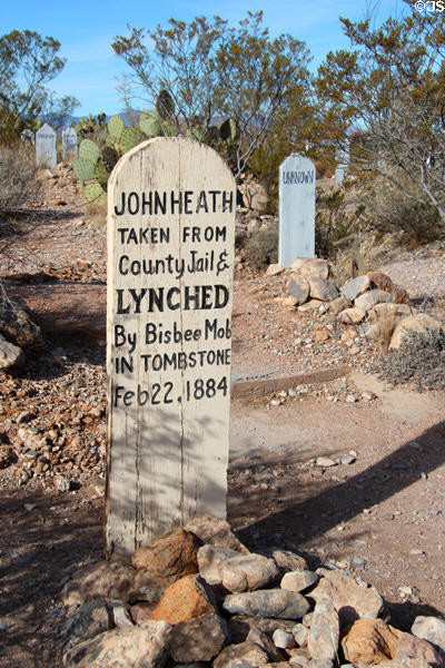 Tomb marker of John Heath (1884) Taken from jail & hanged by Bisbee mob at Boothill Cemetery. Tombstone, AZ.
