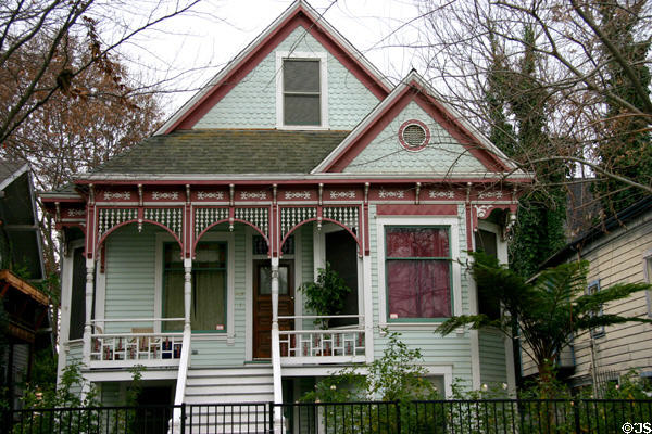 Red & light green Eastlake-style house (912 E St.). Sacramento, CA.