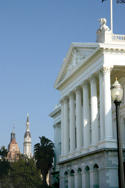 Front of California State Capitol with Sacramento Cathedral beyond. Sacramento, CA.