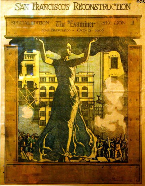 Examiner newspaper special edition cover art " San Francisco's Reconstruction" (Oct. 21, 1906) about great earthquake by artist Maynard Dixon displayed in California State Capitol. Sacramento, CA.