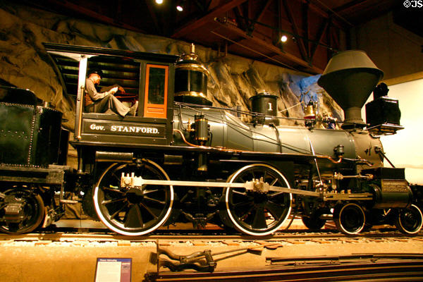 Side view of Gov. Stanford 4-4-0 locomotive built by Richard Norris & Sons of Philadelphia (1862) at California State Railroad Museum. Sacramento, CA.