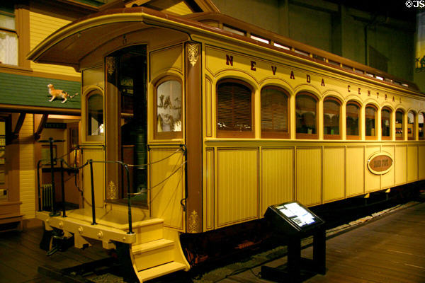Nevada Central Railway passenger coach #3 (1881) at California State Railroad Museum last operated at San Francisco International Exposition in 1939-40. Sacramento, CA.