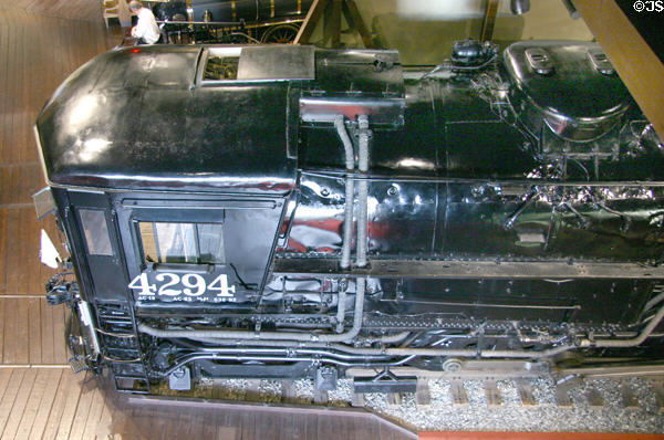 Forward cab of Southern Pacific Railroad 4-8-8-2 steam locomotive #4294, last of its kind, at California State Railroad Museum. Sacramento, CA.