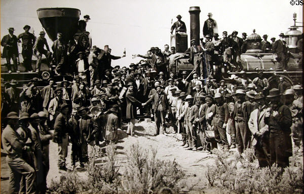 Photograph of meeting of last sections of transcontinental railway builders 