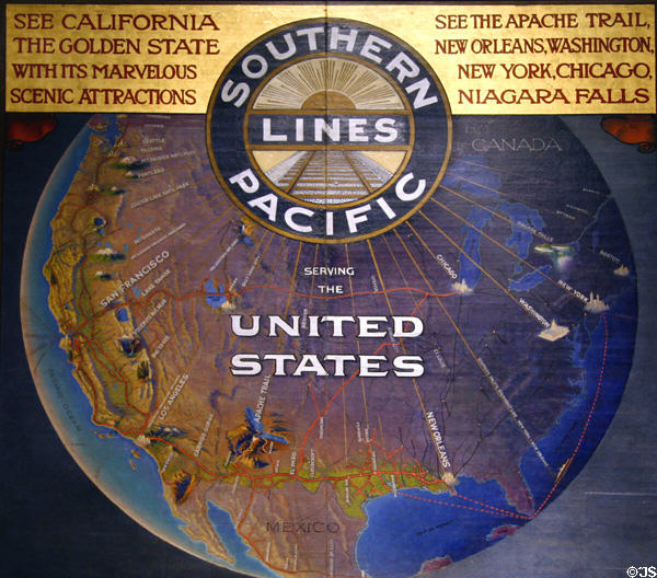 Southern Pacific scenic attractions promotional poster at California State Railroad Museum. Sacramento, CA.