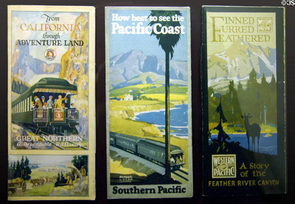 Promotional brochure covers by Great Northern, Southern Pacific & Western Pacific lines (c1920-30s) at California State Railroad Museum. Sacramento, CA.