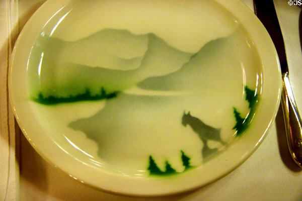 Northern Railroad Glory of the West pattern dinner plate (1940-59) with mountain goat at California State Railroad Museum. Sacramento, CA.