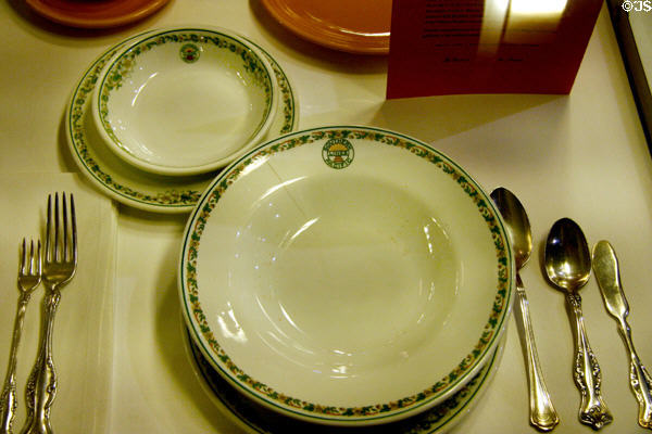Southern Pacific Railroad Sunset pattern dinner service (late 1800s-early 1900s) at California State Railroad Museum. Sacramento, CA.