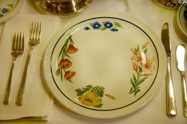 Southern Pacific Railroad Prairie-Mountain Wildflowers pattern dinner service (1930s-60s) at California State Railroad Museum. Sacramento, CA.