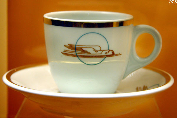Coffee cup with winged streamline diesel locomotive at California State Railroad Museum. Sacramento, CA.