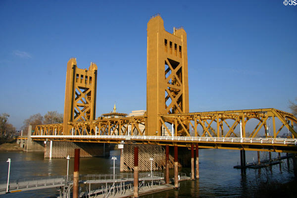 Tower Bridge (1935) over Sacramento River joining M St. / Capitol Ave. originally carried rail & road traffic. Sacramento, CA. Architect: A. Teichert & Son. On National Register.