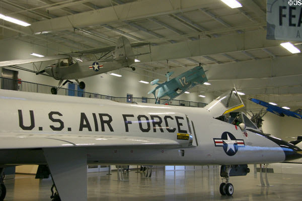 F-106 Delta Dart & suspended small aircraft at Aerospace Museum of California. Sacramento, CA.