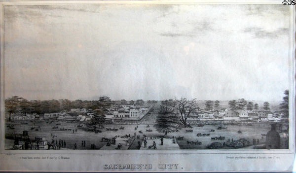 Engraving of view of city of Sacramento (c1852) at Wells Fargo Museum. Sacramento, CA.