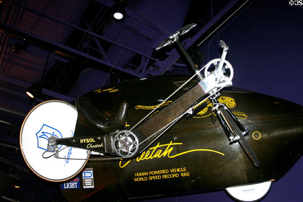Tech Museum of Innovation Cheetah bicycle which set world human-powered speed record in 1992. San Jose, CA.