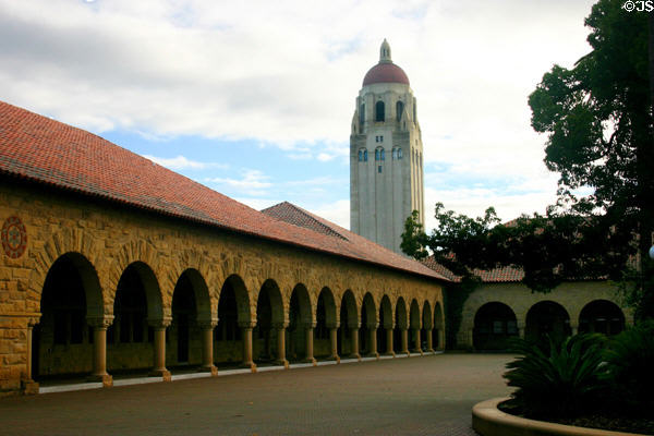 Main Quadrangle (1891) at Stanford University. Palo Alto, CA. Style: Richardsonian Romanesque. Architect: Frederick Law Olmsted for layout + Shepley, Rutan & Coolidge.