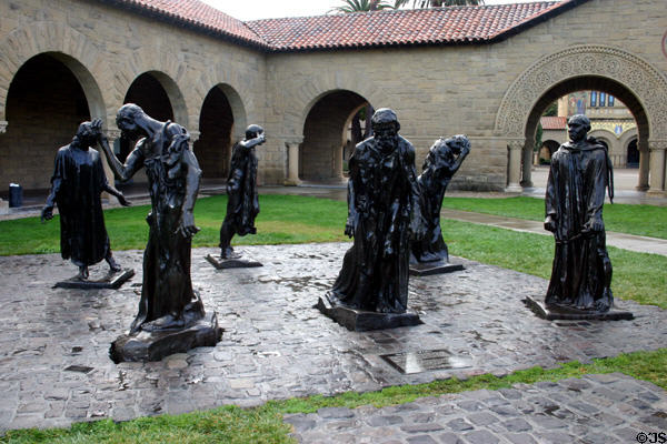 The Burghers of Calais (1884) by Auguste Rodin in Memorial Court at Stanford. The sculpture group commemorates the six civic leaders who volunteered to serve as a sacrifice to save the city during the 1347 surrender to King Edward III of England. Palo Alto, CA.