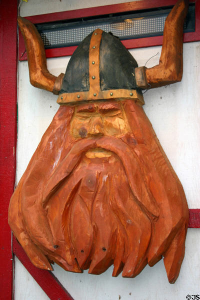 Carved Viking face on Danish store. Solvang, CA.