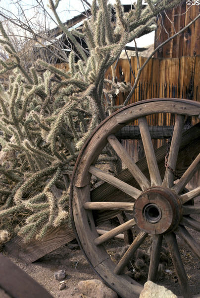 Wagon wheel & cactus at Calico. CA.