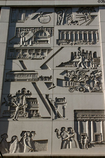 Relief mural of history of Los Angeles & its transportation on Broadway Spring Center. Los Angeles, CA.